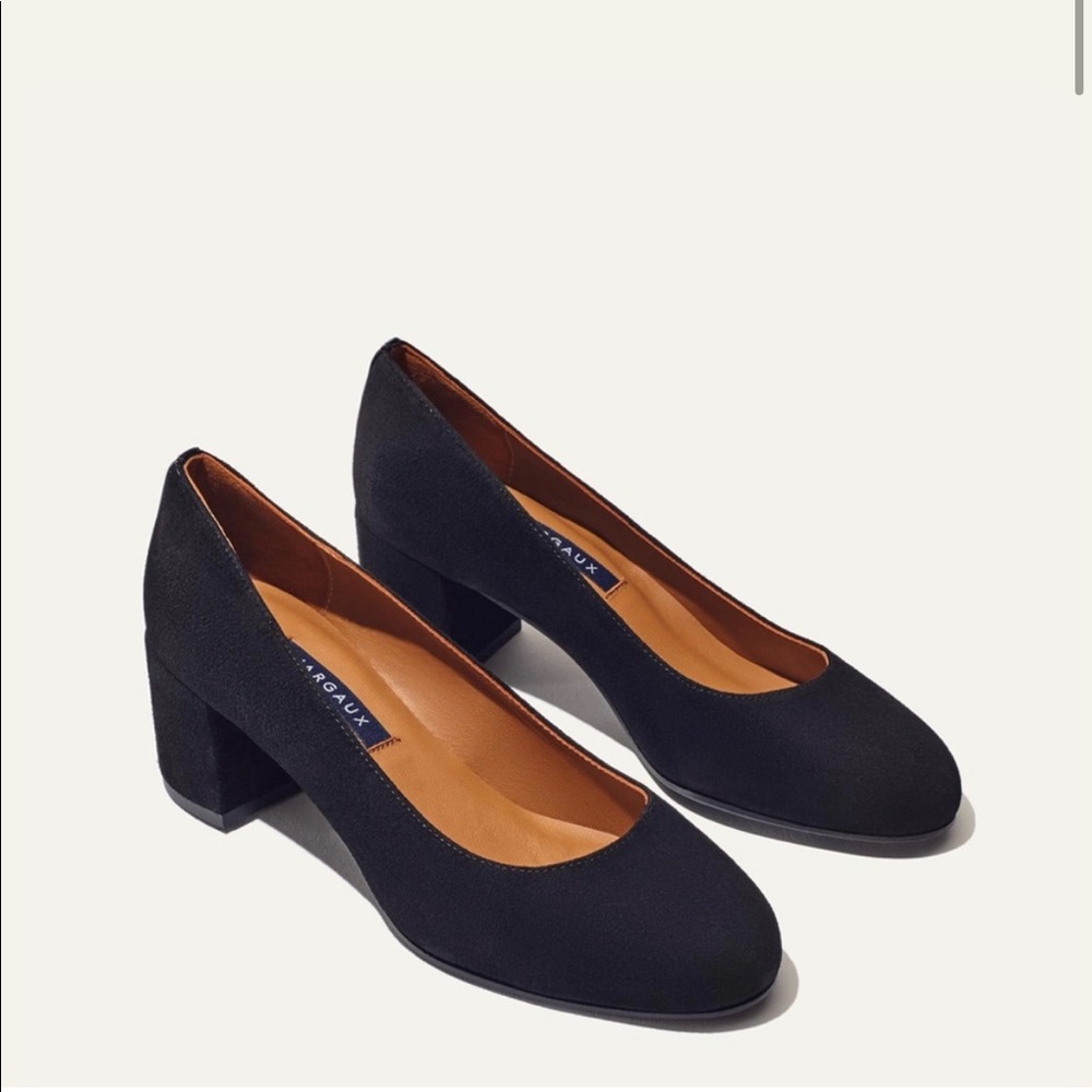 MARGAUX Size 38.5 / 8.5 The Heel Black Suede Stacked Heel Pumps Solid Black